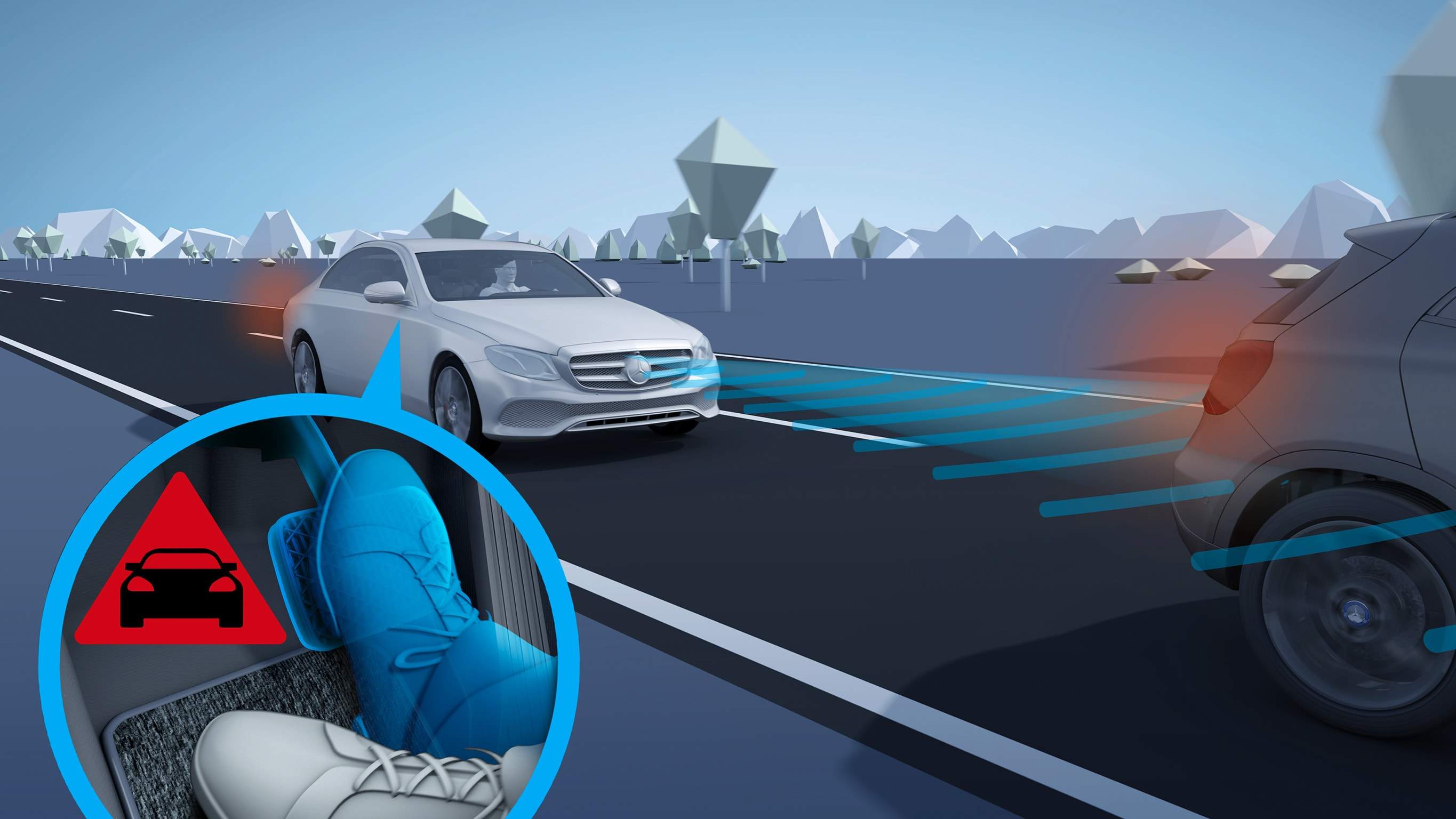Na obrázku je grafické znázornění aktivního brzdového asistenta v EQA od Mercedes-EQ.