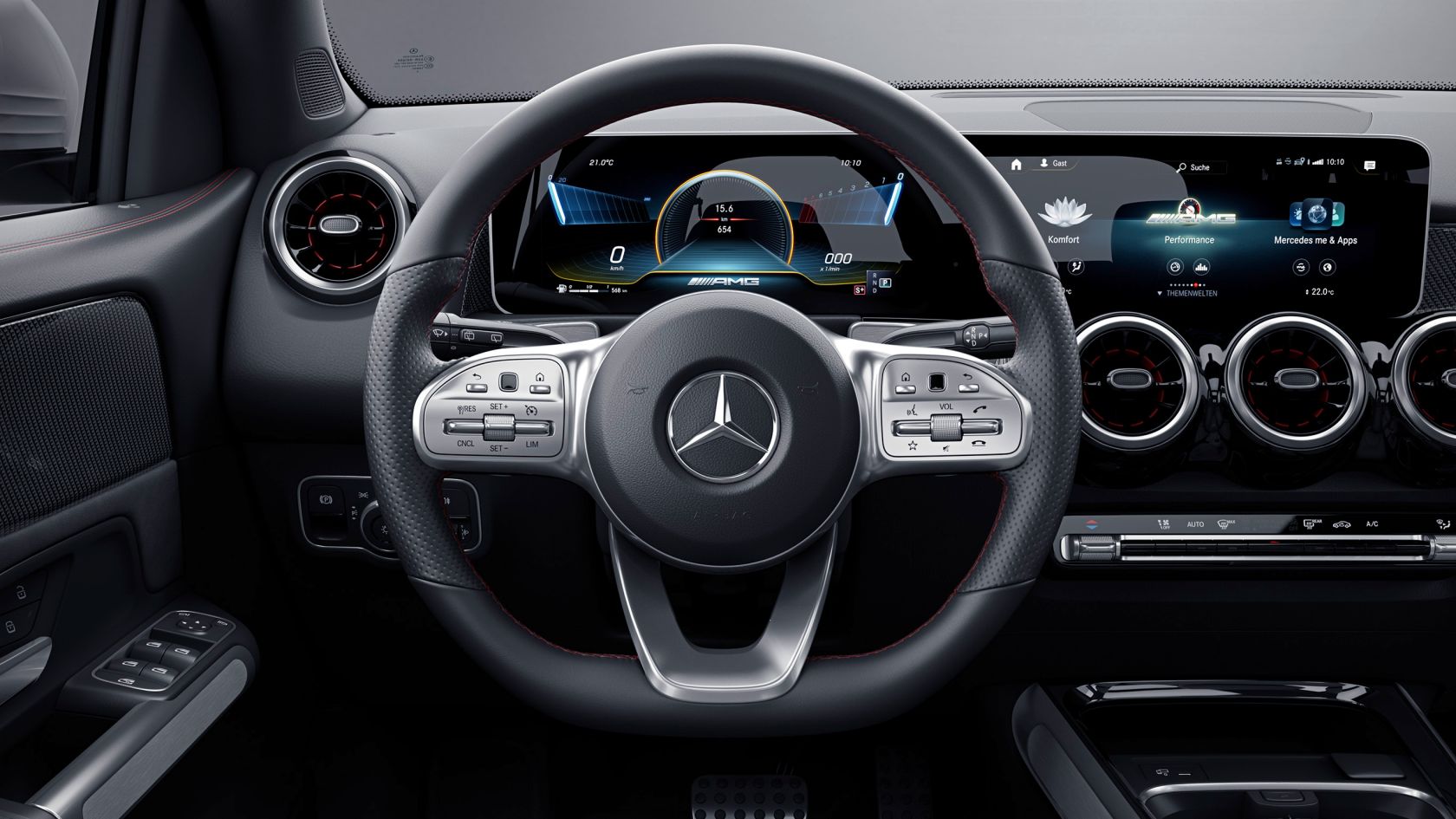 Na obrázku je multifunkční sportovní volant čalouněný kůží nappa modelu Mercedes-AMG GLB 35 4MATIC. 